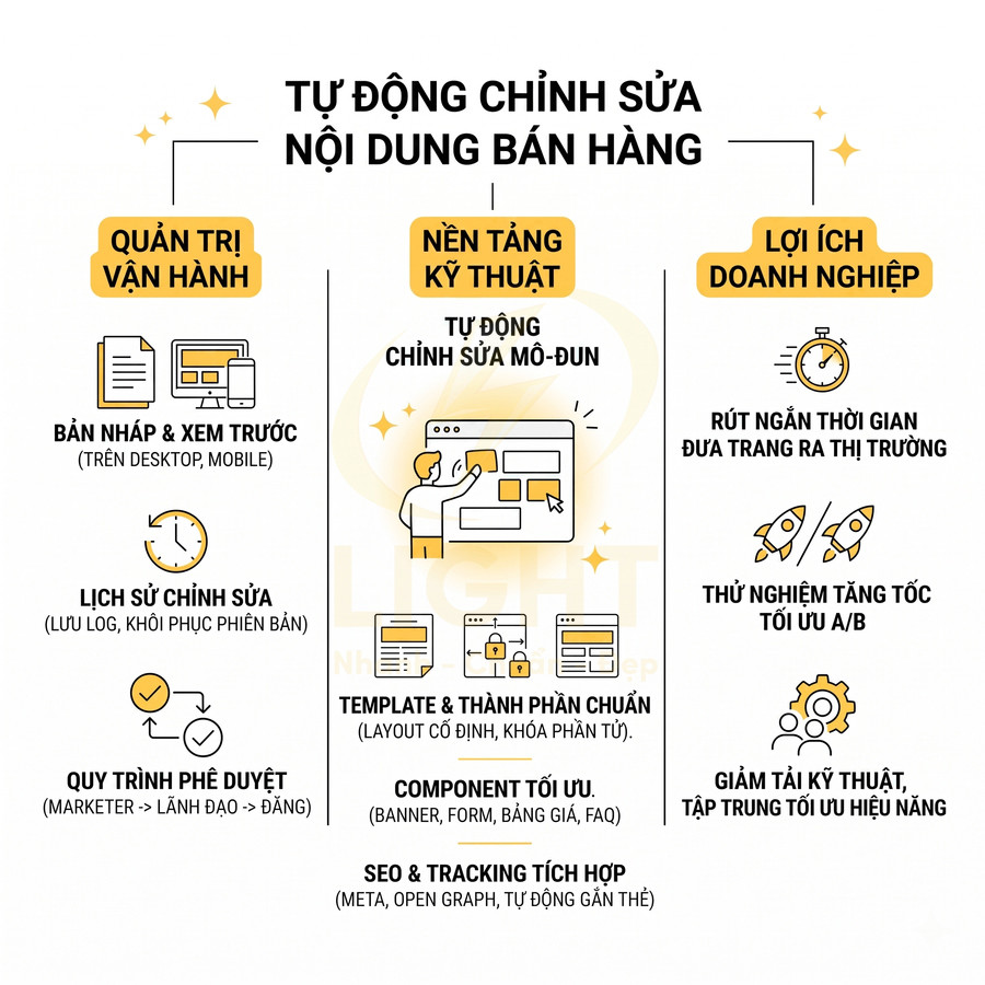 Mô tả giải pháp tự động chỉnh sửa nội dung bán hàng với quản trị vận hành, nền tảng kỹ thuật và lợi ích doanh nghiệp