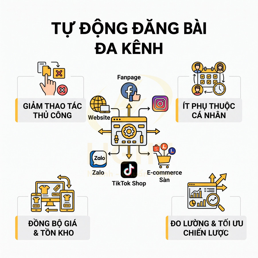 Giải pháp tự động đăng bài đa kênh cho website, fanpage, Zalo, TikTok Shop và sàn thương mại điện tử