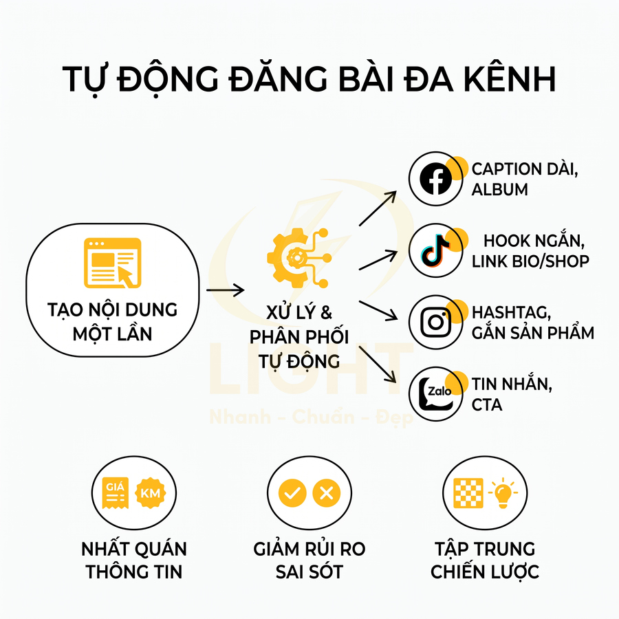 Giải pháp tự động đăng bài đa kênh, tạo nội dung một lần và phân phối lên Facebook TikTok Instagram Zalo