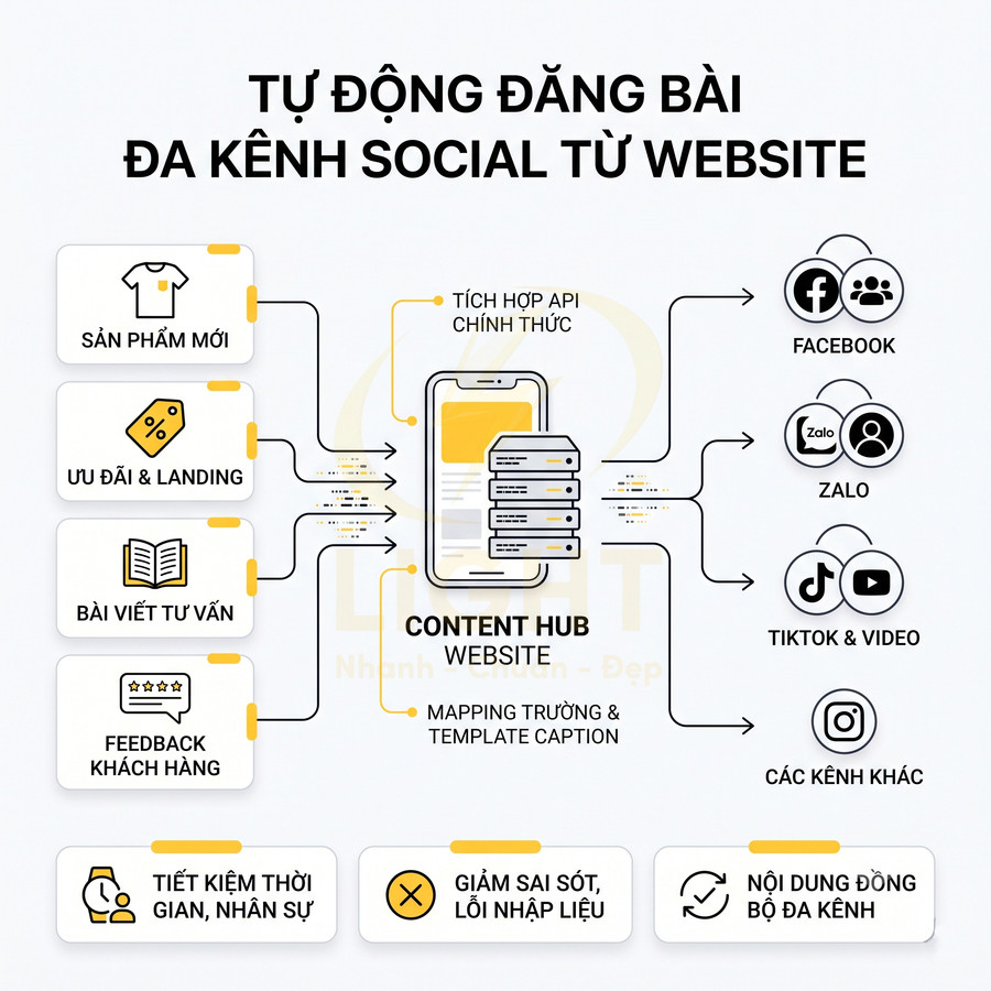 Giải pháp tự động đăng bài từ website lên Facebook, Zalo, TikTok và các kênh social, tiết kiệm thời gian nhân sự