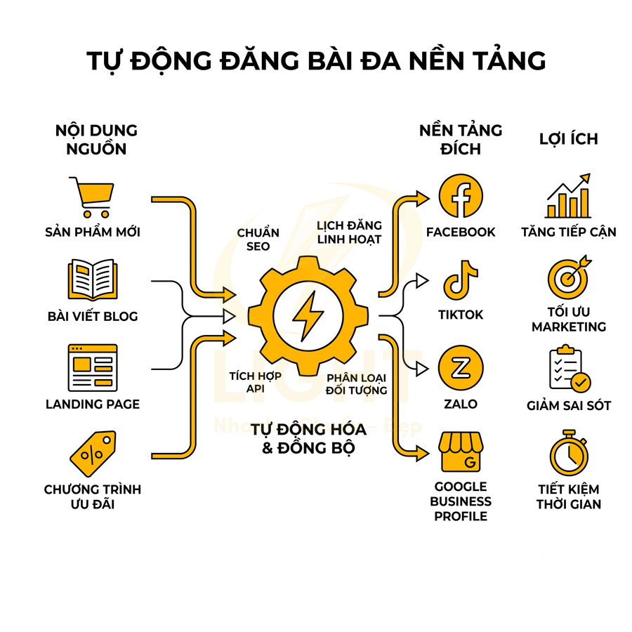 Mô hình tự động đăng bài đa nền tảng từ sản phẩm mới, blog, landing page lên Facebook TikTok Zalo Google Business