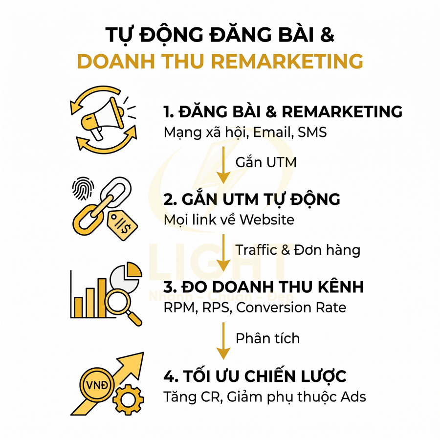 Quy trình tự động đăng bài, gắn UTM, đo doanh thu kênh và tối ưu chiến lược remarketing