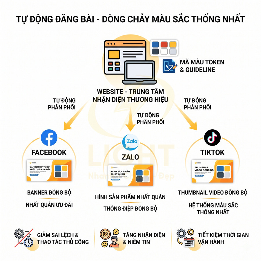 Giải pháp tự động đăng bài giúp đồng bộ màu sắc và nội dung thương hiệu trên website Facebook Zalo TikTok
