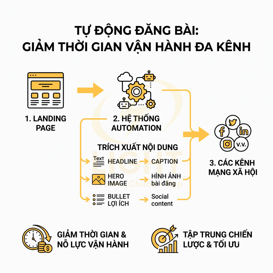 Mô tả quy trình tự động đăng bài từ landing page qua hệ thống automation lên các kênh mạng xã hội