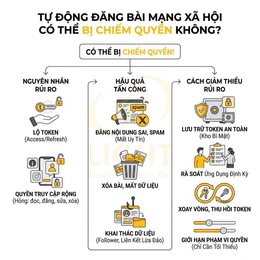 Infographic cảnh báo rủi ro chiếm quyền đăng bài mạng xã hội và hướng dẫn lưu trữ token, giới hạn quyền truy cập an toàn