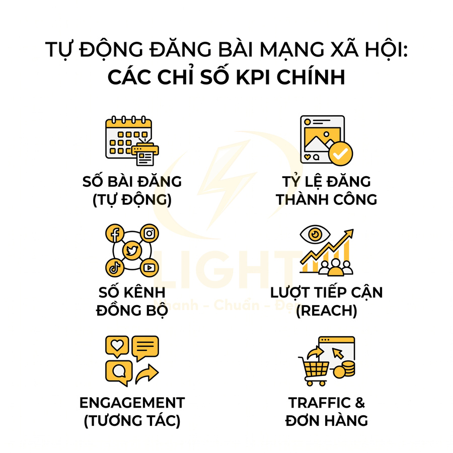 Các chỉ số KPI chính khi tự động đăng bài mạng xã hội: số bài đăng, tỷ lệ đăng thành công, reach, tương tác, traffic và đơn hàng
