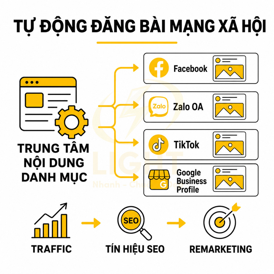 Giải pháp tự động đăng bài từ trung tâm nội dung lên Facebook Zalo TikTok Google Business tăng traffic và tín hiệu SEO