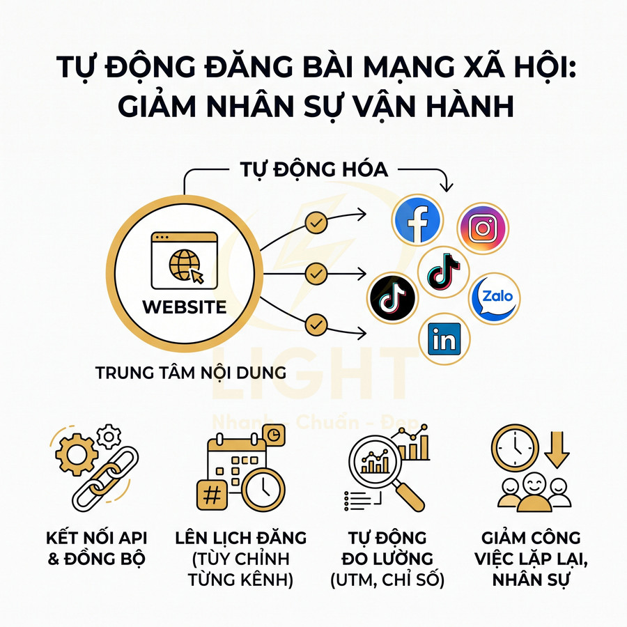 Giải pháp tự động đăng bài từ website lên Facebook, Instagram, TikTok, Zalo, LinkedIn giúp giảm nhân sự vận hành