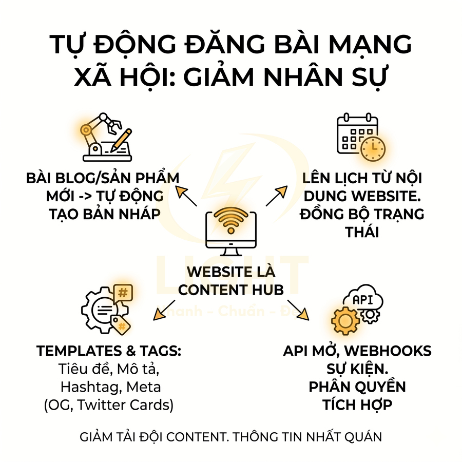 Giải pháp tự động đăng bài mạng xã hội từ website, dùng templates, API và lịch đăng để giảm tải đội content