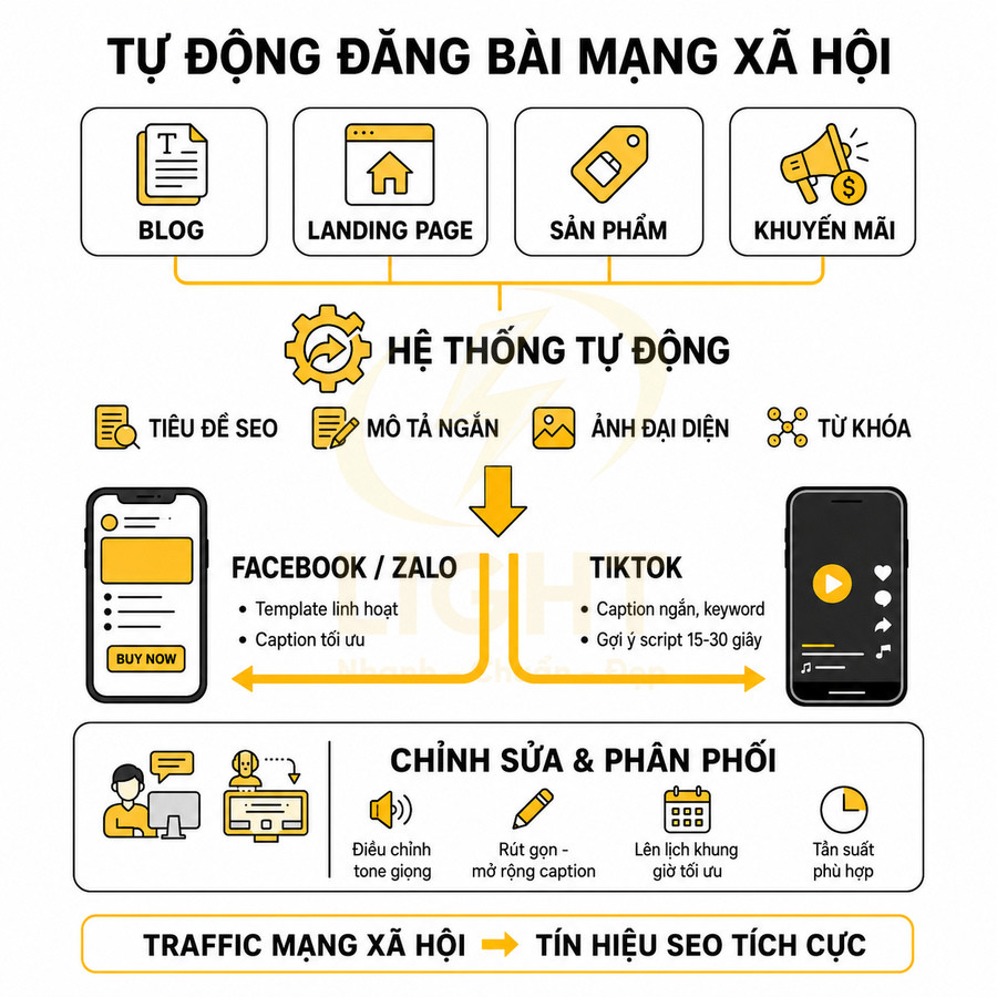 Mô tả quy trình tự động đăng bài mạng xã hội tối ưu SEO cho blog, landing page, sản phẩm và khuyến mãi