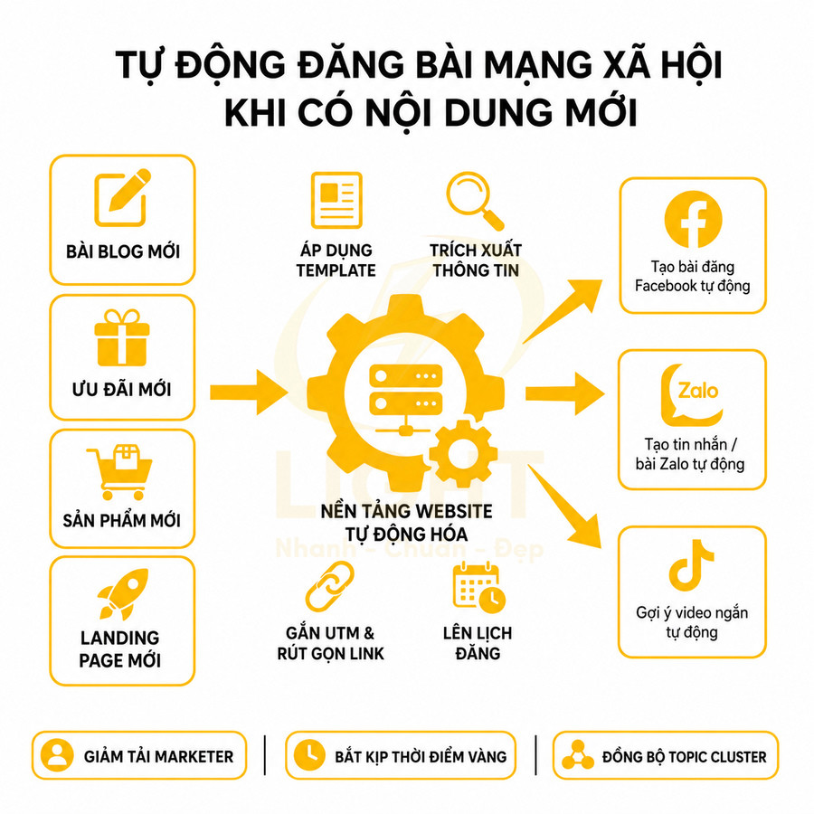 Giải pháp tự động đăng bài mạng xã hội từ website, hỗ trợ Facebook Zalo TikTok và lên lịch nội dung mới
