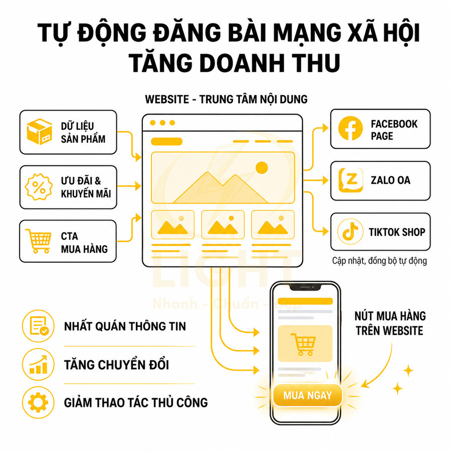 Minh họa giải pháp tự động đăng bài từ website lên Facebook, Zalo, TikTok Shop để tăng doanh thu bán hàng online