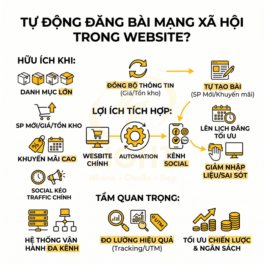 Infographic lợi ích tích hợp tự động đăng bài mạng xã hội trong website, đồng bộ thông tin và tối ưu chiến lược marketing