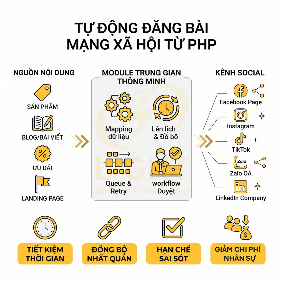 Giải pháp tự động đăng bài mạng xã hội từ PHP, đồng bộ nội dung lên Facebook, Instagram, TikTok, Zalo, LinkedIn