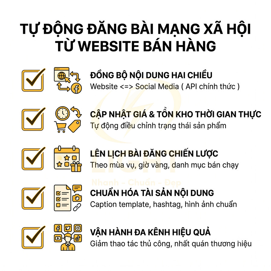 Banner giới thiệu giải pháp tự động đăng bài mạng xã hội từ website bán hàng với các tính năng đồng bộ và lên lịch nội dung