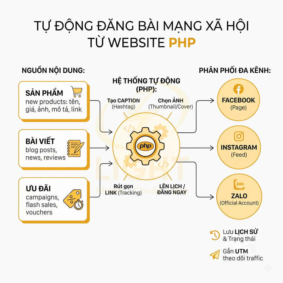 Mô tả hệ thống PHP tự động đăng bài từ website lên Facebook Instagram Zalo với nội dung sản phẩm bài viết ưu đãi