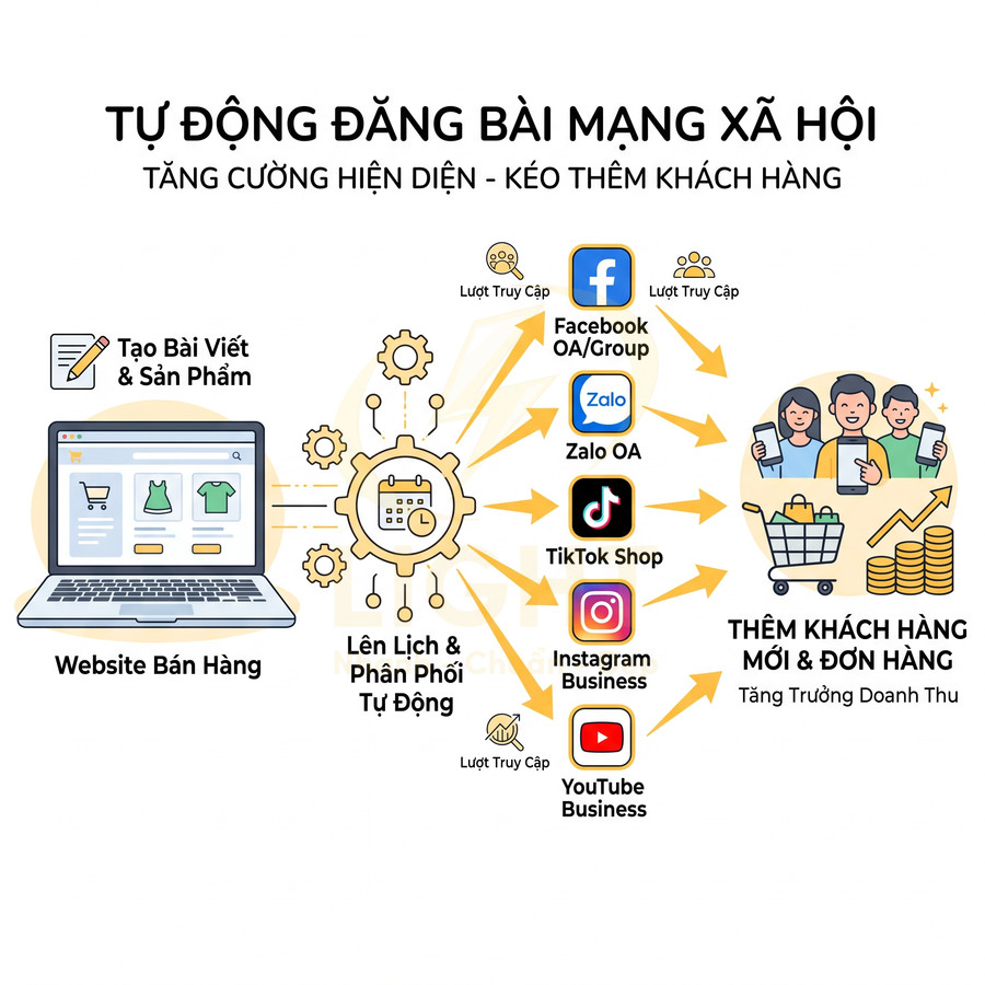 Giải pháp tự động đăng bài từ website bán hàng lên Facebook, Zalo, TikTok, Instagram, YouTube để tăng khách hàng và đơn hàng