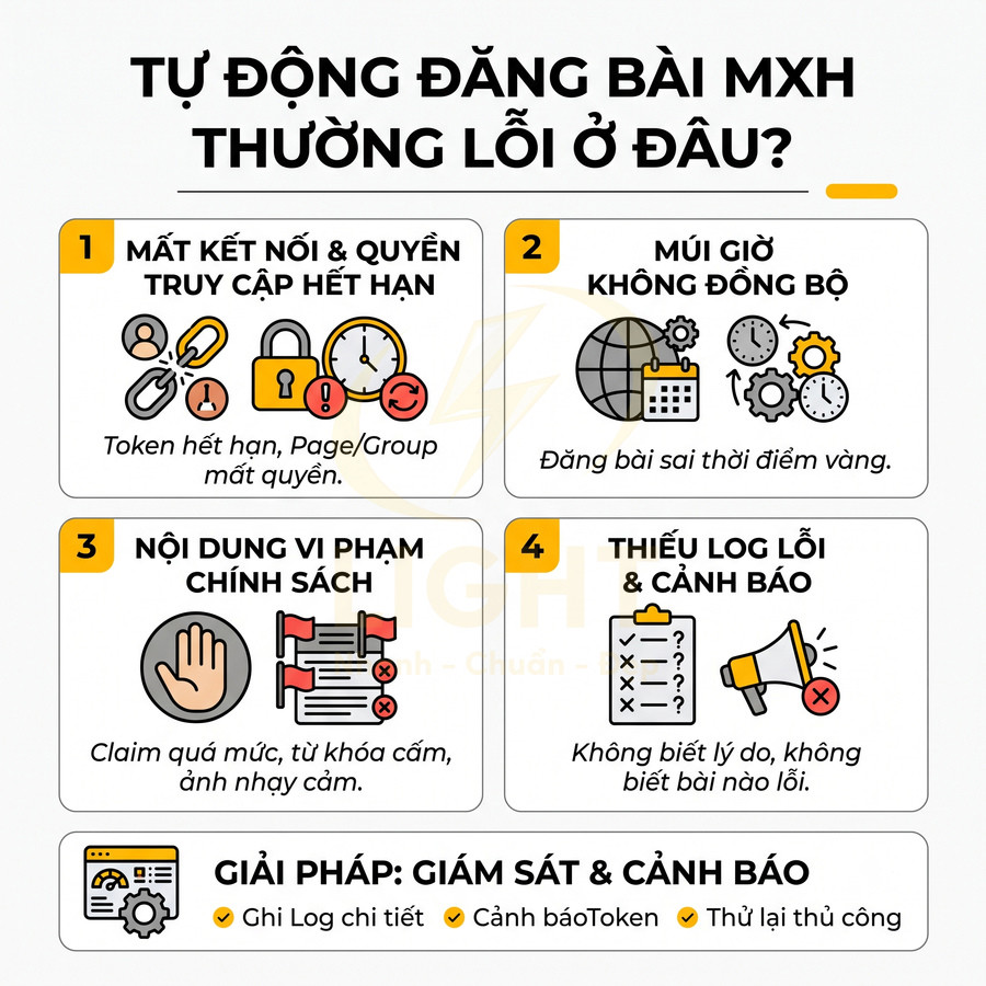 Infographic các lỗi thường gặp khi tự động đăng bài mạng xã hội và giải pháp giám sát cảnh báo
