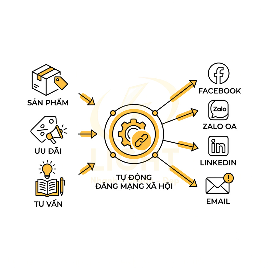 Giải pháp tự động đăng nội dung sản phẩm, ưu đãi, tư vấn lên Facebook, Zalo OA, LinkedIn và email