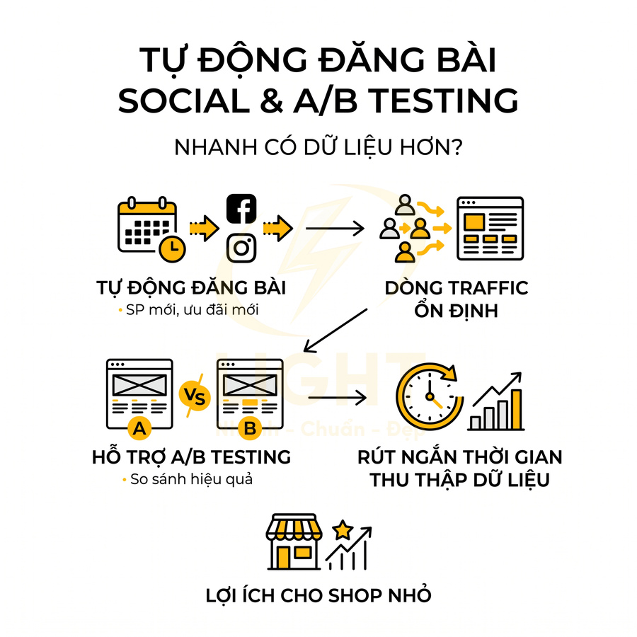 Giải pháp tự động đăng bài social và A/B testing giúp tăng traffic ổn định và rút ngắn thời gian thu thập dữ liệu cho shop nhỏ