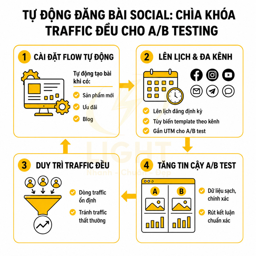Quy trình tự động đăng bài social giúp duy trì traffic đều và tăng độ tin cậy A/B testing