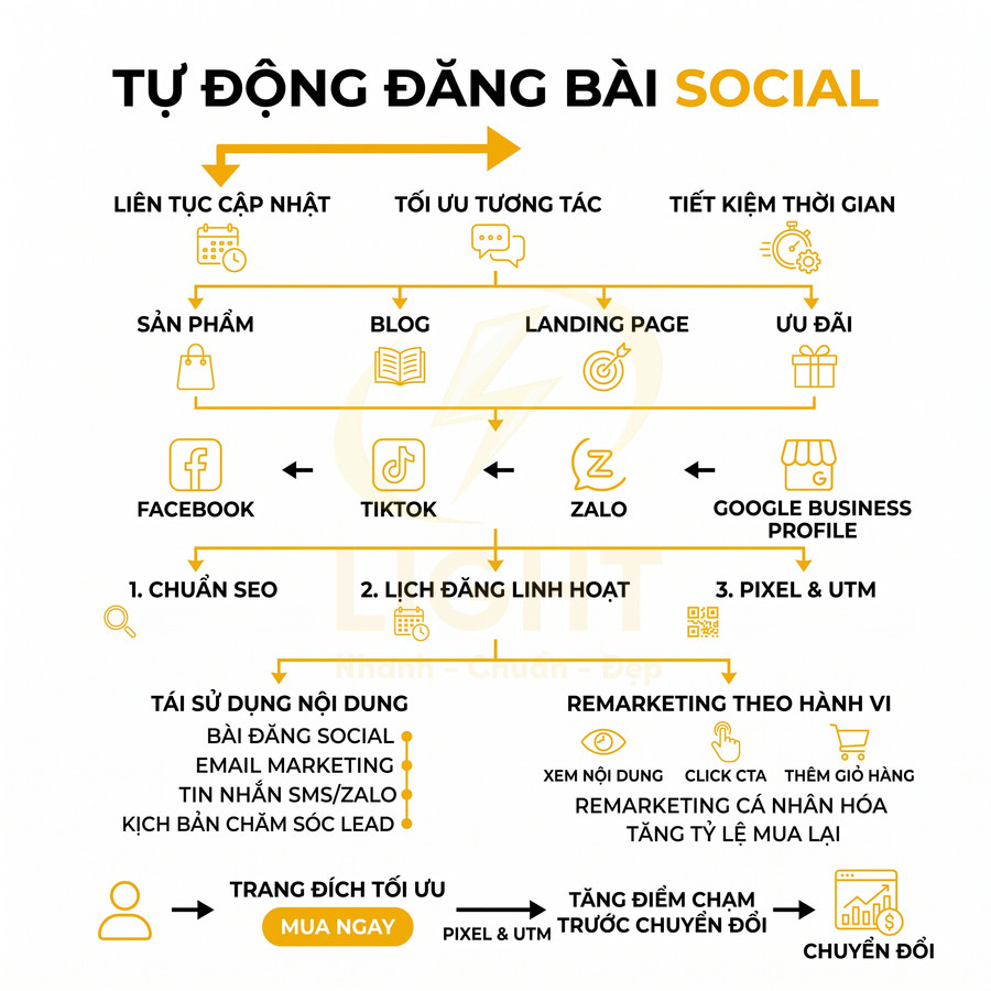 Giải pháp tự động đăng bài social đa kênh Facebook TikTok Zalo Google Business tối ưu SEO và remarketing tăng chuyển đổi