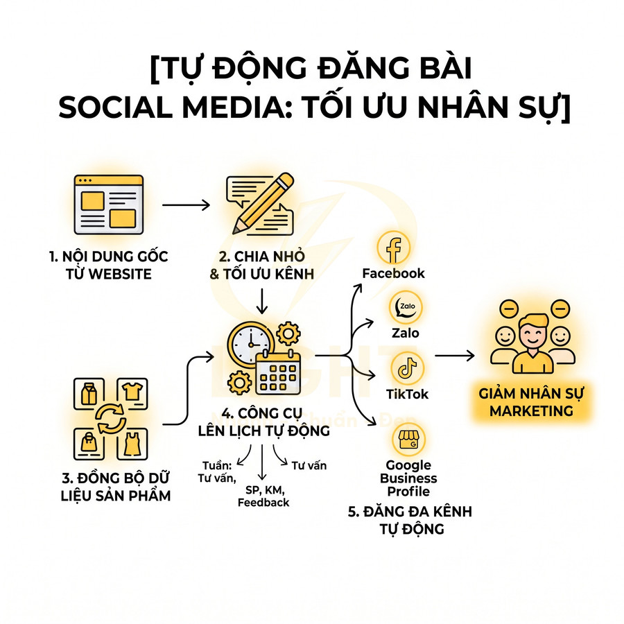 Quy trình tự động đăng bài social media đa kênh giúp giảm nhân sự marketing cho doanh nghiệp