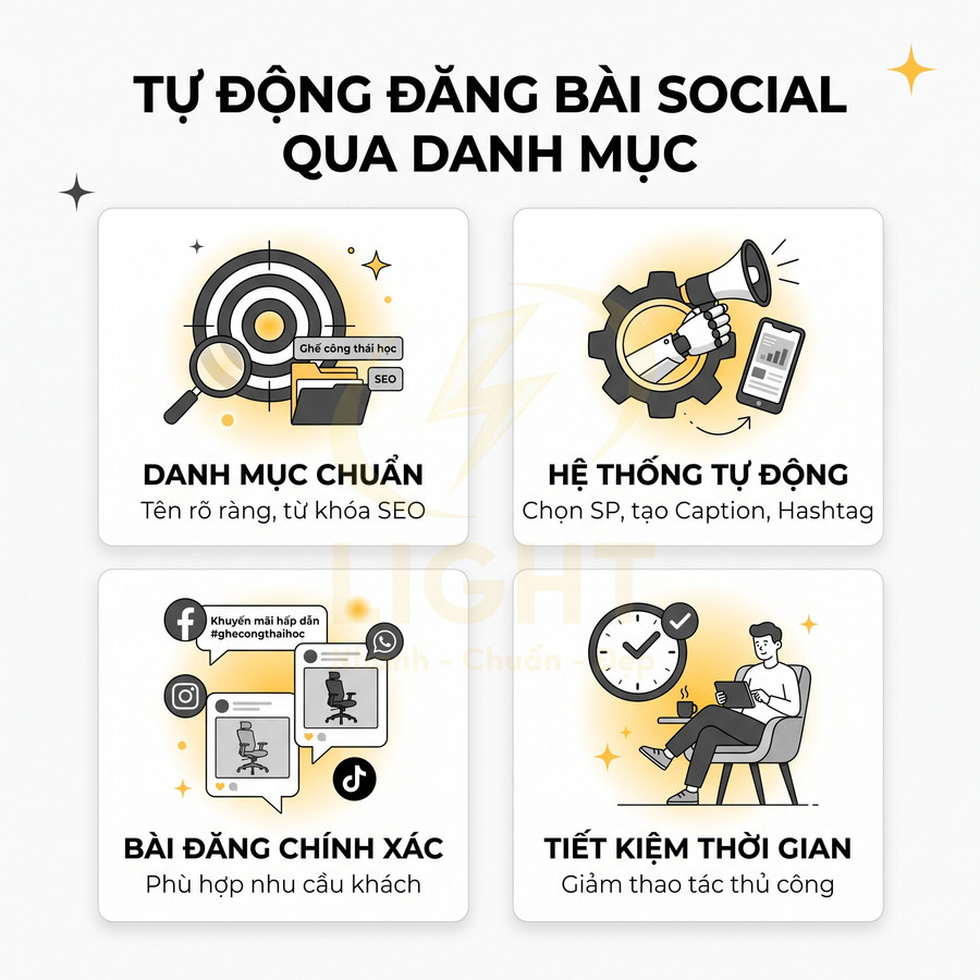 Banner giới thiệu tính năng tự động đăng bài social theo danh mục, tối ưu SEO và tiết kiệm thời gian cho người bán hàng online