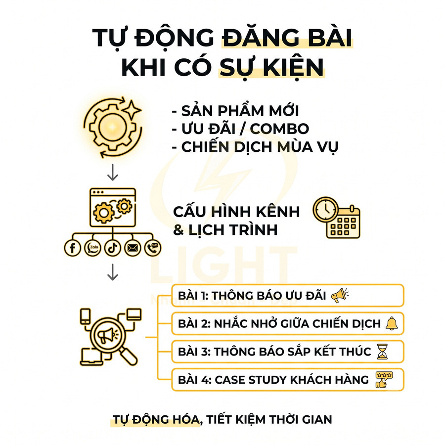 Giải pháp tự động đăng bài marketing đa kênh theo lịch trình cho sản phẩm mới và ưu đãi khuyến mãi