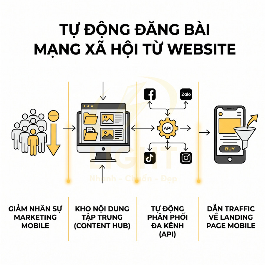 Giải pháp tự động đăng bài từ website lên Facebook Zalo TikTok Instagram và dẫn traffic về landing page mobile
