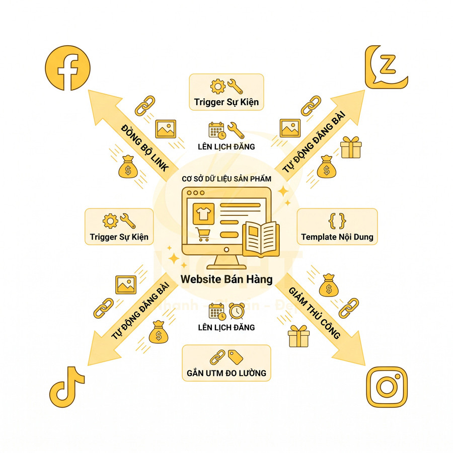 Sơ đồ website bán hàng tự động đăng bài và đồng bộ dữ liệu sản phẩm lên Facebook TikTok Instagram