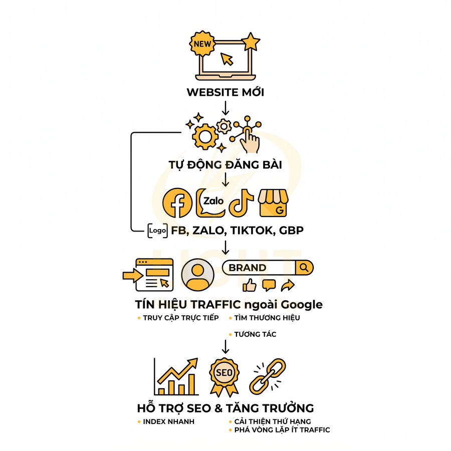 Sơ đồ tự động đăng bài từ website mới lên Facebook Zalo TikTok Google Business Profile hỗ trợ SEO và tăng trưởng traffic