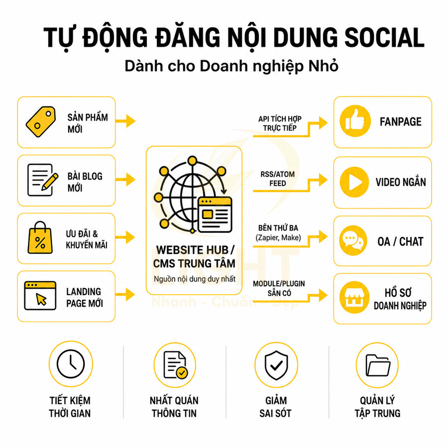 Giải pháp tự động đăng nội dung social cho doanh nghiệp nhỏ từ website hub đến fanpage, video ngắn, chat và hồ sơ doanh nghiệp