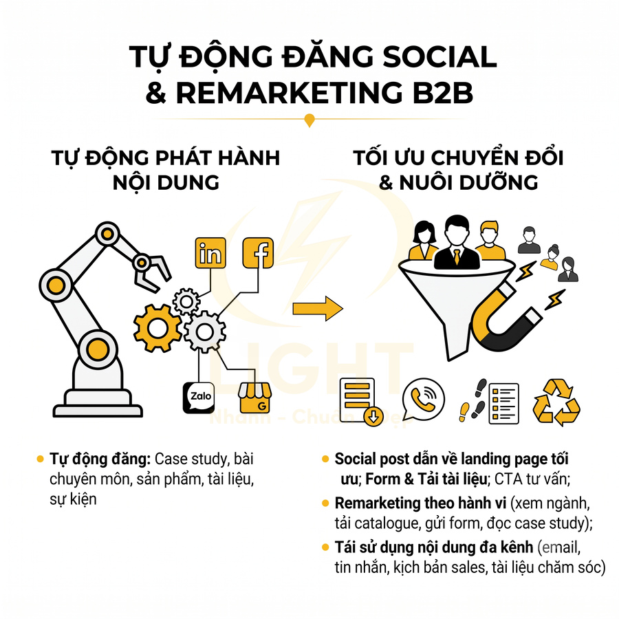 Mô tả giải pháp tự động đăng social và remarketing B2B, phát hành nội dung và tối ưu chuyển đổi khách hàng