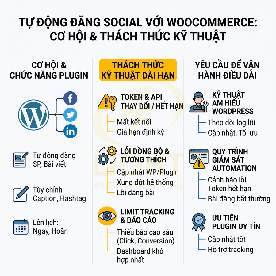 Tổng quan cơ hội và thách thức kỹ thuật khi tự động đăng social với plugin WooCommerce và WordPress