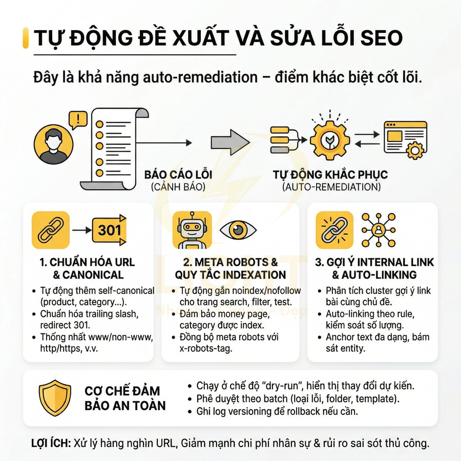 Tính năng tự động đề xuất và sửa lỗi SEO với auto remediation, chuẩn hóa URL, meta robots và internal link