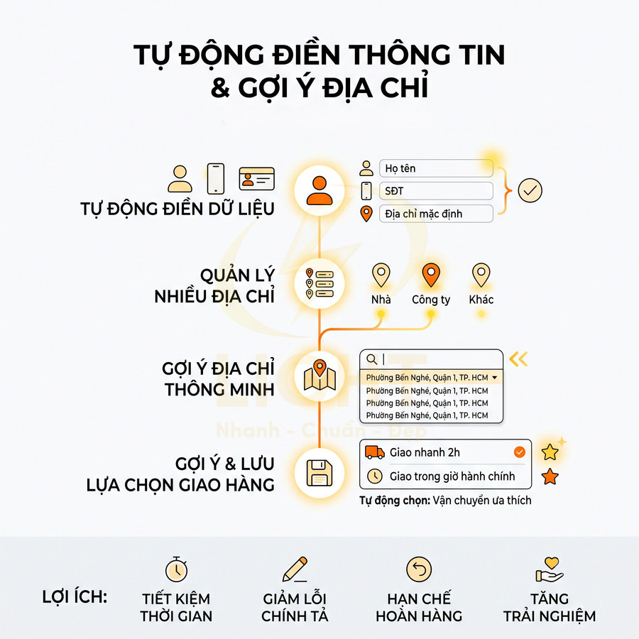 Giao diện tính năng tự động điền thông tin, gợi ý và quản lý nhiều địa chỉ giao hàng thông minh trên website mua sắm