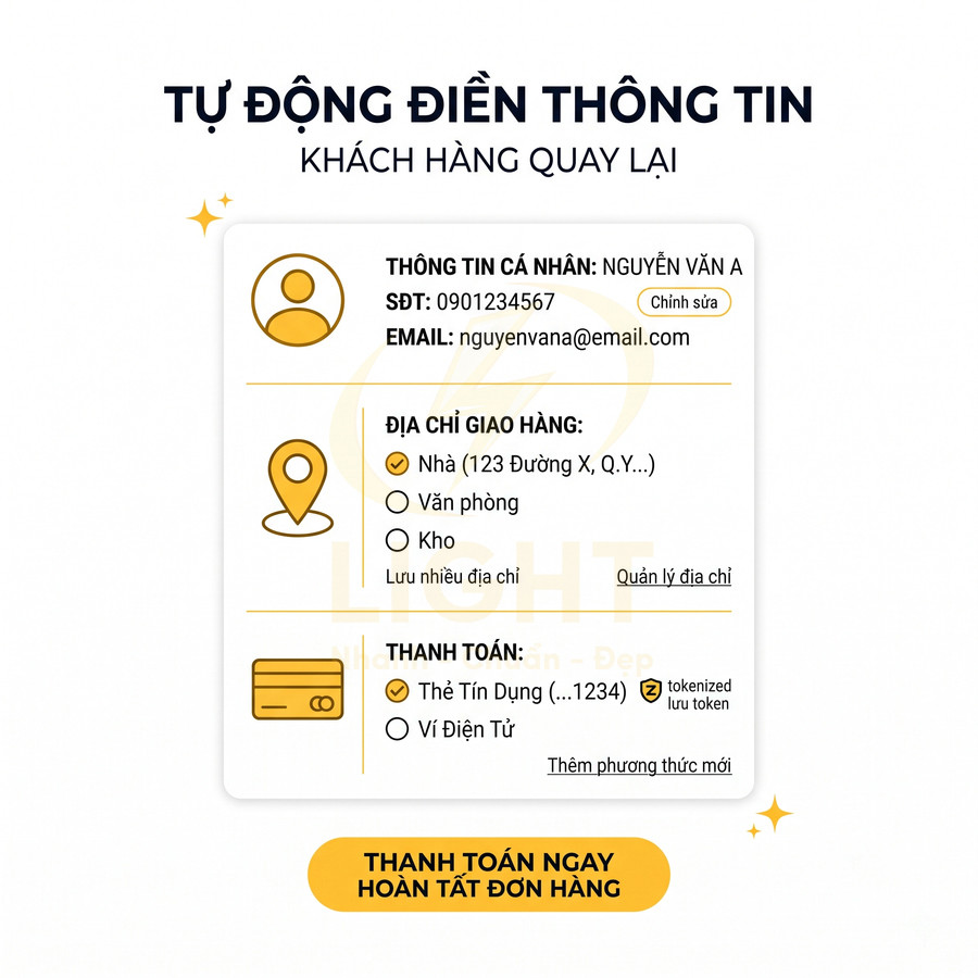Giao diện thanh toán tự động điền thông tin khách hàng quay lại với địa chỉ và phương thức thanh toán lưu sẵn