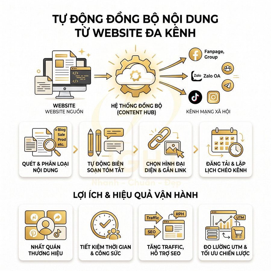 Mô tả quy trình tự động đồng bộ nội dung từ website lên nhiều kênh mạng xã hội và lợi ích mang lại