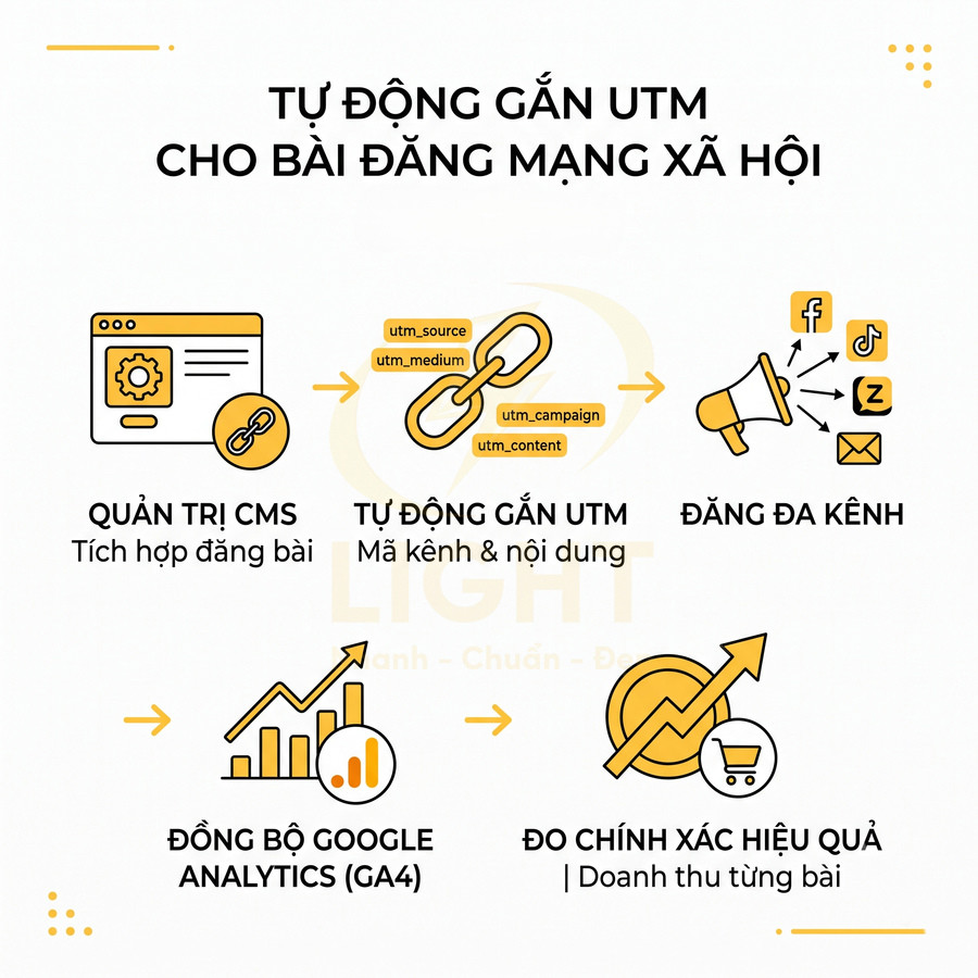 Giải pháp tự động gắn UTM cho bài đăng mạng xã hội, đồng bộ Google Analytics GA4 và đo lường doanh thu từng bài