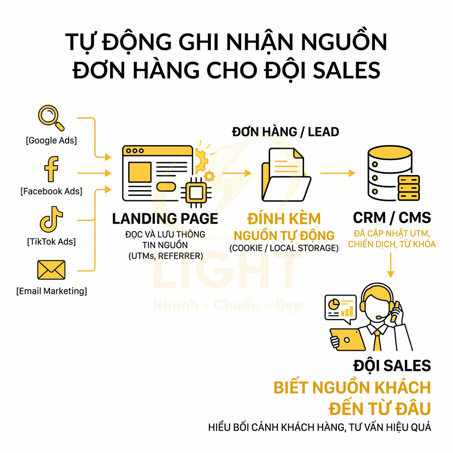 Sơ đồ quy trình tự động ghi nhận nguồn đơn hàng từ quảng cáo vào CRM giúp đội sales biết nguồn khách hàng