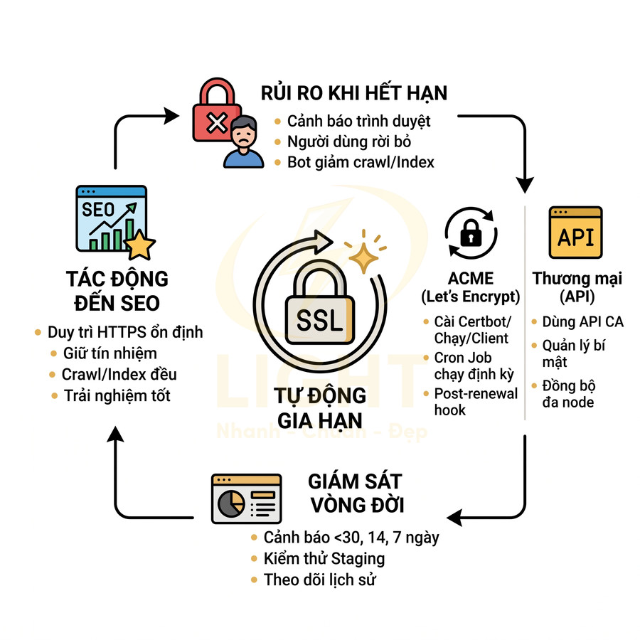 Mô hình tự động gia hạn chứng chỉ SSL, giám sát vòng đời và giảm rủi ro hết hạn, tối ưu HTTPS cho SEO