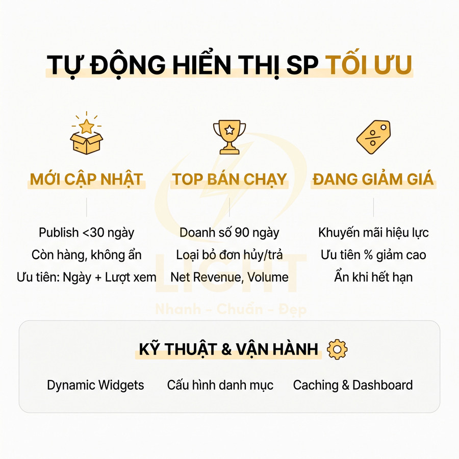 Banner giới thiệu tính năng tự động hiển thị sản phẩm mới cập nhật, top bán chạy và đang giảm giá trên website thương mại điện tử