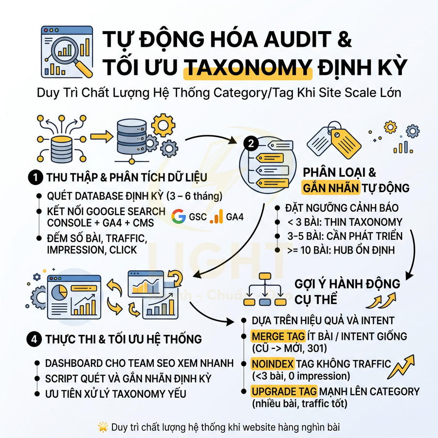 Infographic quy trình tự động hóa audit và tối ưu taxonomy định kỳ cho hệ thống category tag SEO lớn