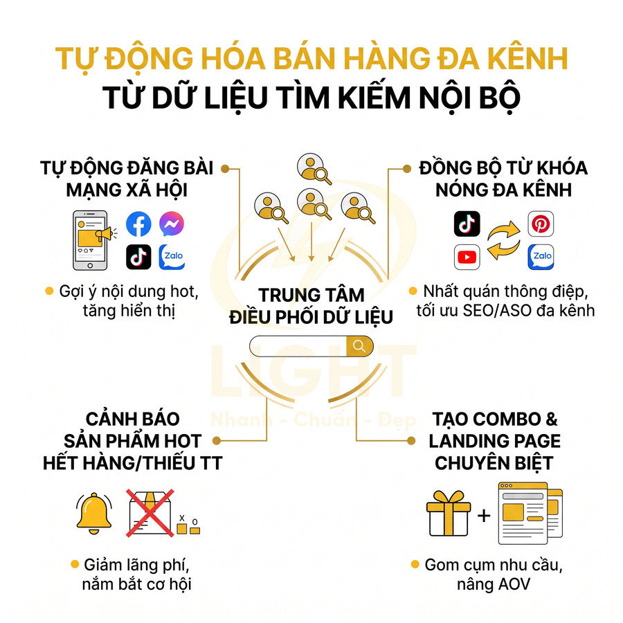 Giải pháp tự động hóa bán hàng đa kênh từ dữ liệu tìm kiếm nội bộ, đồng bộ mạng xã hội và cảnh báo sản phẩm hot