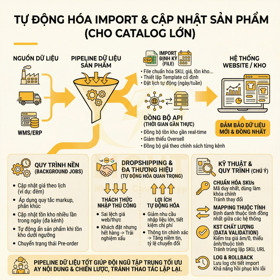 Infographic quy trình tự động hóa import và cập nhật sản phẩm cho catalog lớn trên website và kho hàng