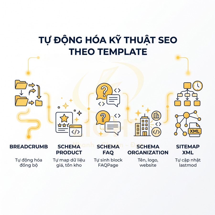 Minh họa các tính năng tự động hóa kỹ thuật SEO theo template như breadcrumb, schema, sitemap XML