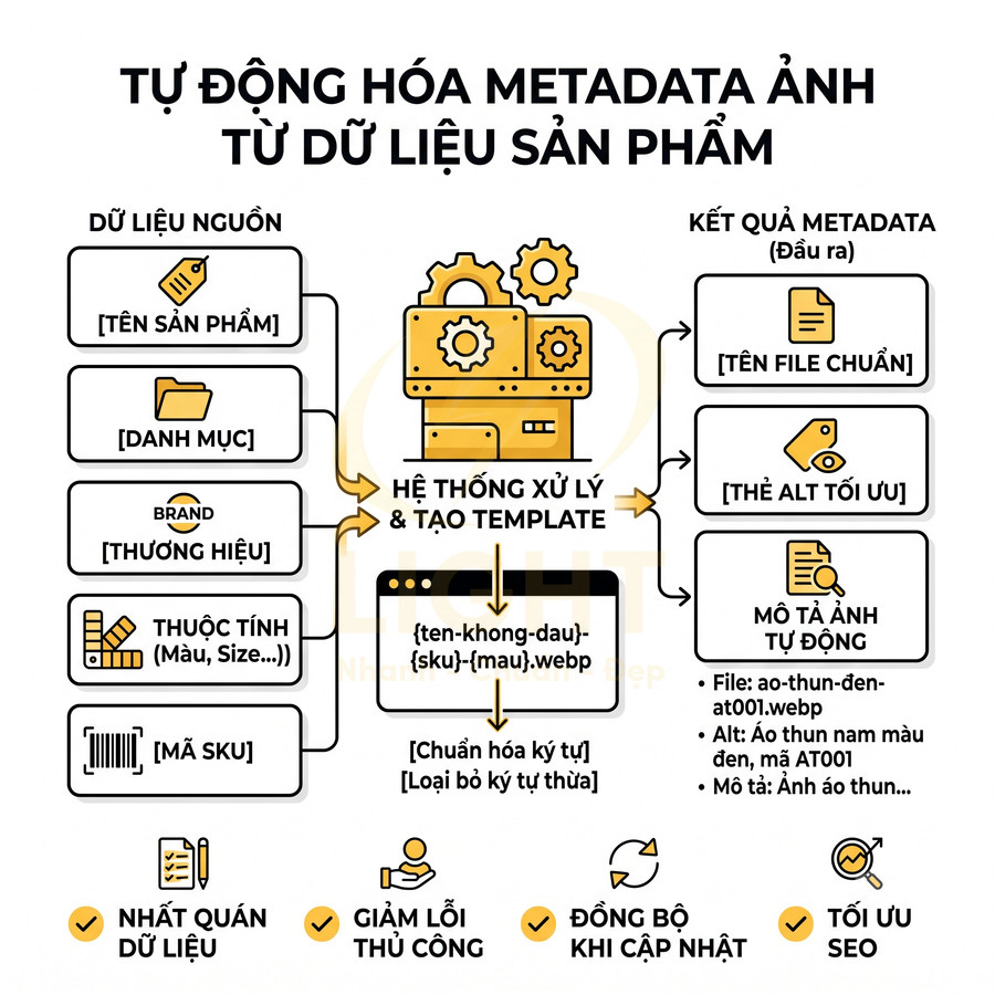Quy trình tự động hóa metadata ảnh sản phẩm từ dữ liệu nguồn để tạo tên file và thẻ alt tối ưu SEO