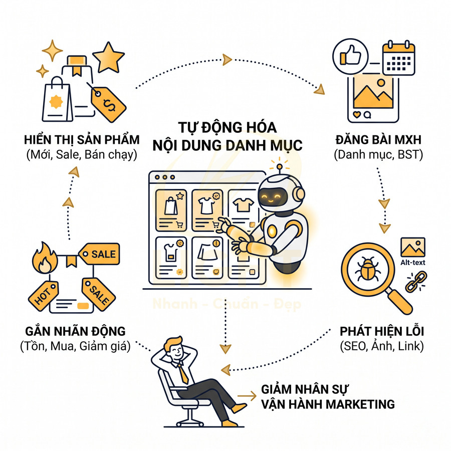 Minh họa giải pháp tự động hóa nội dung danh mục sản phẩm giúp gắn nhãn sale, đăng bài mạng xã hội và giảm nhân sự marketing