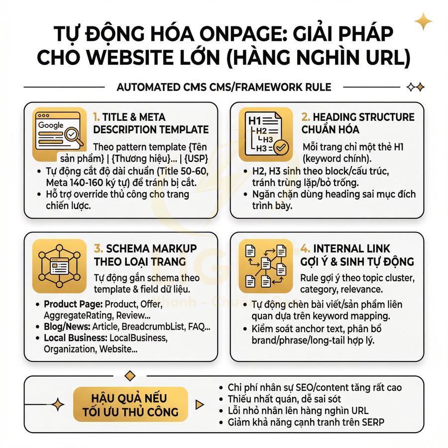Infographic giải pháp tự động hóa onpage SEO cho website lớn với template title, heading, schema và internal link